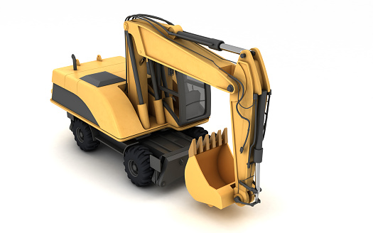 High angle view on wheeled hydraulic excavator with bucket isolated on white background. 3d illustration. Perspective. Isometric. Front side view. Right side.