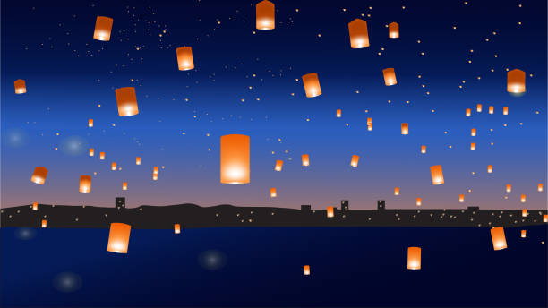 ilustrações, clipart, desenhos animados e ícones de vector a ilustração com as lanternas chinesas sobre a cidade - lantern wishing sky night