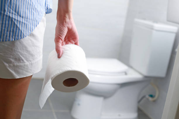 a mulher prende o rolo do papel higiénico na frente da bacia de toalete. - toilet paper - fotografias e filmes do acervo