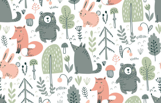 Vector seamless pattern with hand drawn wild forest animals, Vector seamless pattern with hand drawn wild forest animals, trees, flowers, mushrooms on the white background. Illustration for cards, invitations, baby shower, preschool and children room decoration animal markings stock illustrations