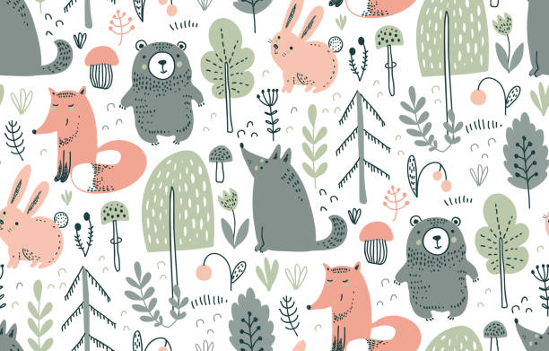 Vector seamless pattern with hand drawn wild forest animals, Vector seamless pattern with hand drawn wild forest animals, trees, flowers, mushrooms on the white background. Illustration for cards, invitations, baby shower, preschool and children room decoration background of woodland stock illustrations