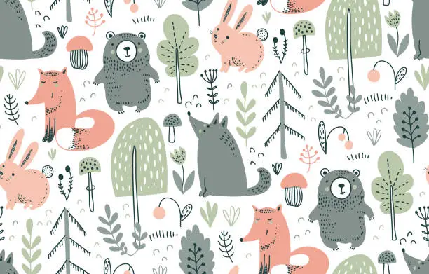 Vector illustration of Vector seamless pattern with hand drawn wild forest animals,