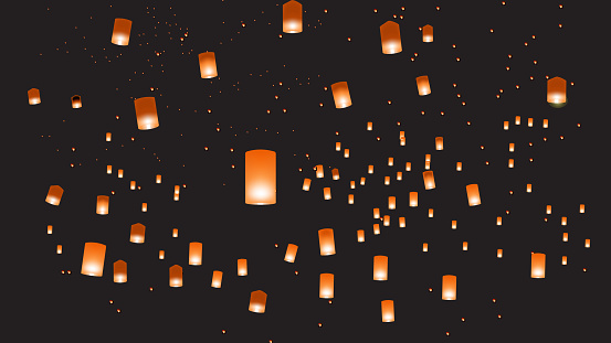Vector illustration of chinese lanterns in the dark sky. EPS 10