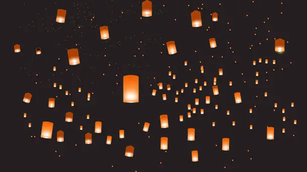 Vector illustration of Vector illustration of chinese lanterns in the dark sky