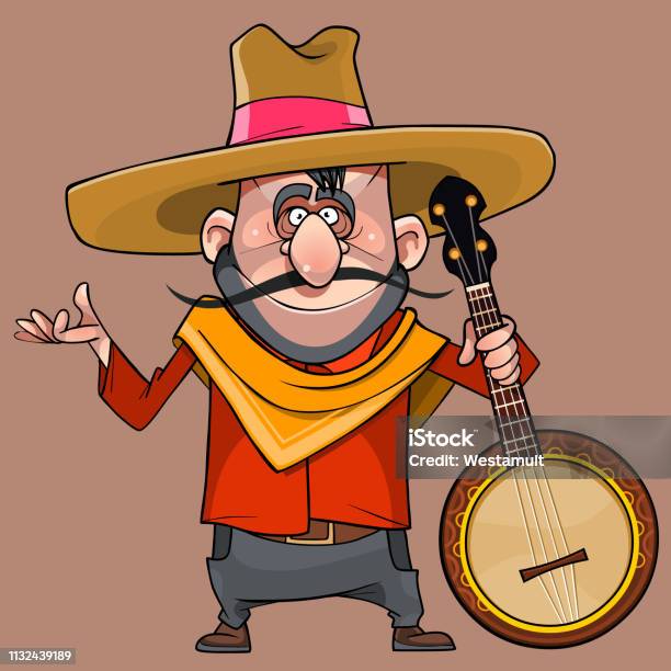 Cartoon Funny Male Musician In A Sombrero With A Banjo In His Hand Stock Illustration - Download Image Now