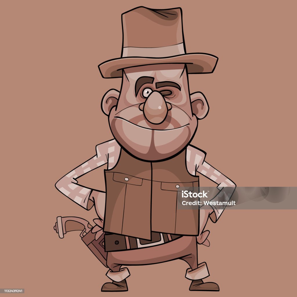 cartoon funny smiling armed man stands akimbo Cartoon funny smiling armed man stands akimbo. In monochrome colors Adult stock vector