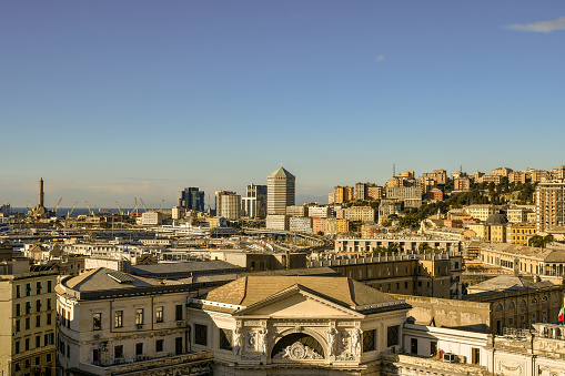 Aerial view of Piazza Principe train station with city skyline in the background, Genoa, Liguria, Italy