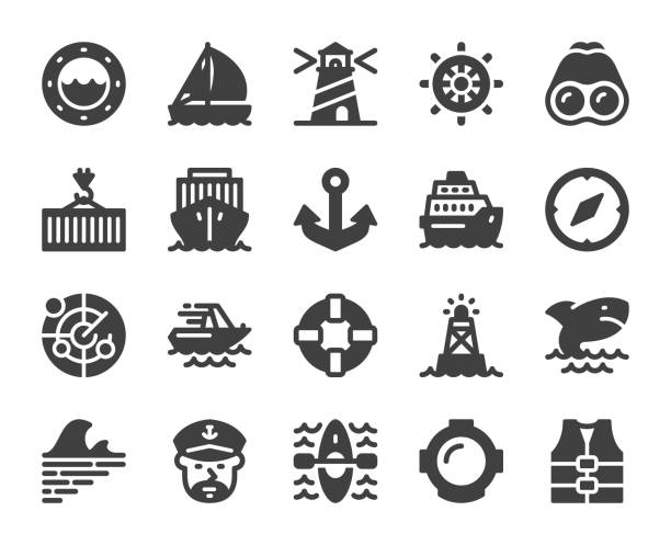 ilustrações de stock, clip art, desenhos animados e ícones de nautical and harbor - icons - lighthouse nautical vessel symbol harbor