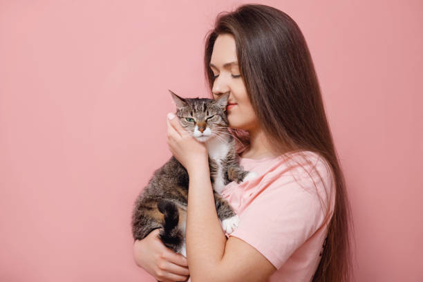 istock young attractive woman hugging cat in hands, pink background 1132442962