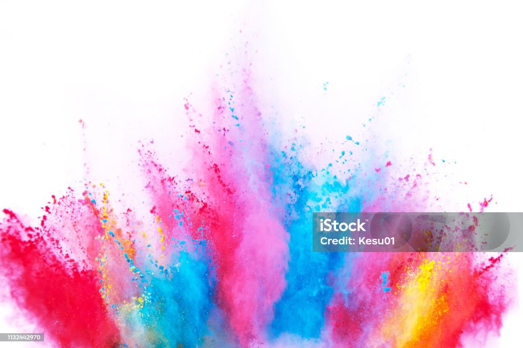 Colored powder explosion on white background. Colored powder explosion on white background. Freeze motion. Backgrounds Stock Photo