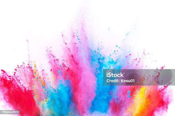 Colored Powder Explosion On White Background Stock Photo - Download Image Now - Backgrounds, Colors, Exploding