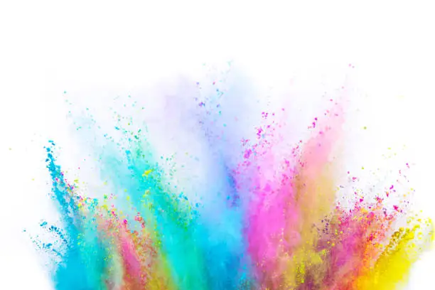 Photo of Colored powder explosion on white background.