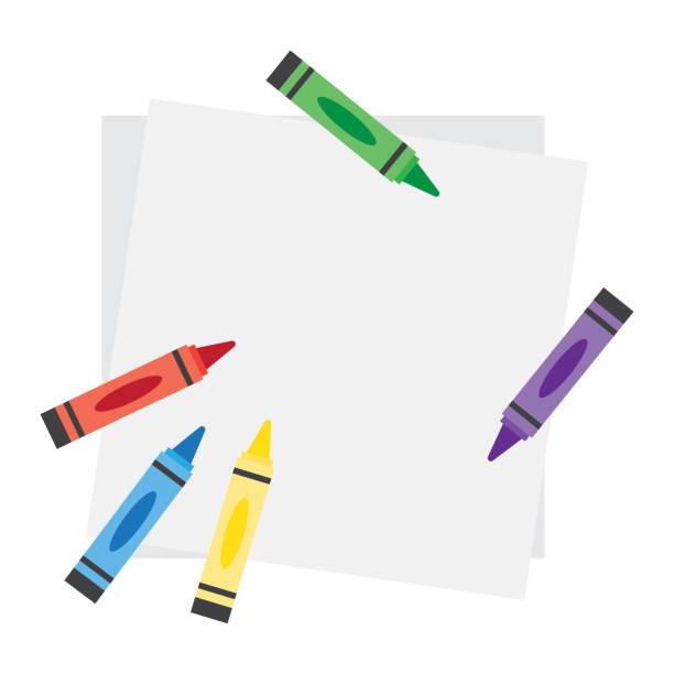 ilustraciones, imágenes clip art, dibujos animados e iconos de stock de hoja de papel superior del cuaderno del veiw con los crayones del color - backgrounds blackboard education environment