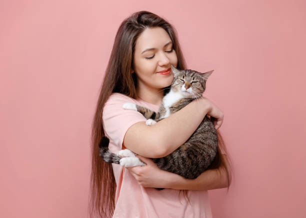 istock young attractive woman hugging cat in hands, pink background 1132446815