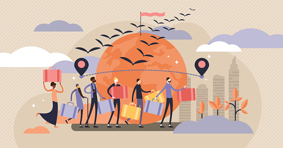 Immigration vector illustration. Flat tiny crisis travel persons concept.