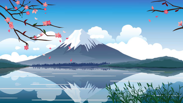 mt. fuji landschaftsbild illustration - berg fudschijama stock-grafiken, -clipart, -cartoons und -symbole