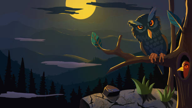 ilustrações de stock, clip art, desenhos animados e ícones de good night, hello, silent forest owl theme illustration - silent night illustrations