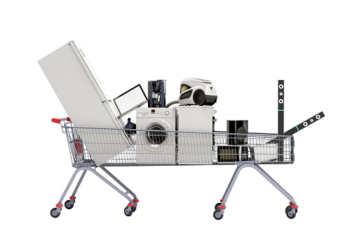 Home appliances in the shopping cart E-commerce or online shopping concept 3d render on white no shadow