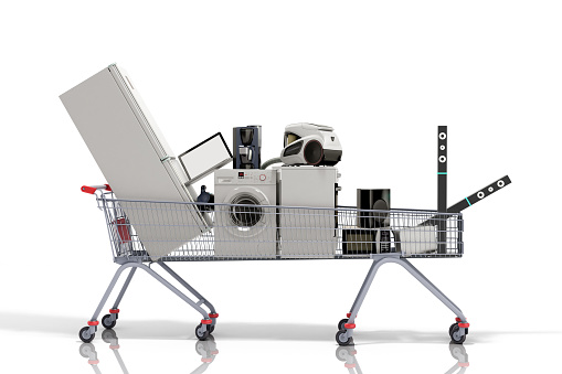 Home appliances in the shopping cart E-commerce or online shopping concept 3d render