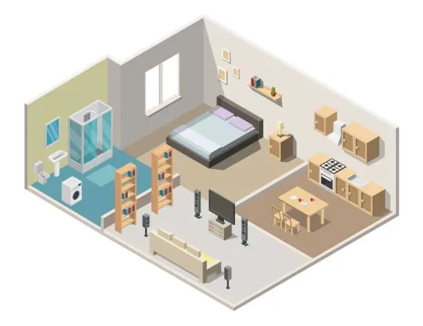 Vector illustration of Isometric interior apartment vector illustration modern set of bathroom, kitchen, living room, bedroom.