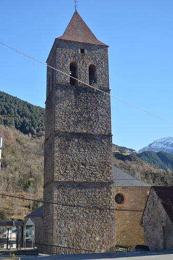 Campanario de la iglesia parroquial de nuestra Señora de la asunción Bielsa pueblo. photo