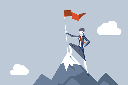 Woman conquering heights flag businesswoman conqueror female character achievement top point aoal mountain background business concept flat design vector illustration