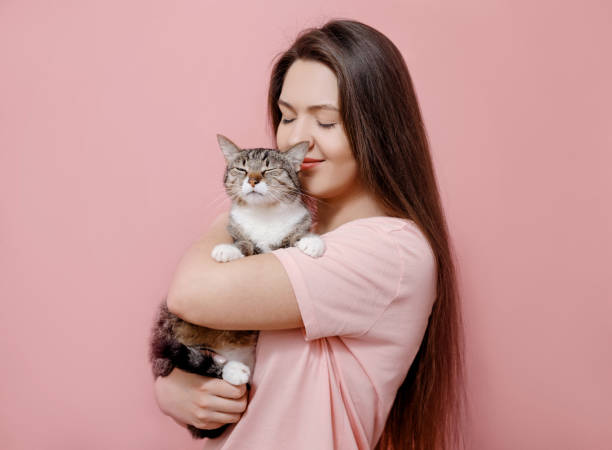 istock young attractive woman hugging cat in hands, pink background 1132451534