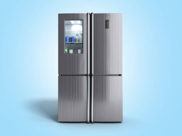 istock Stainless steel modern refrigerator on blue 3d illustration 1132451632
