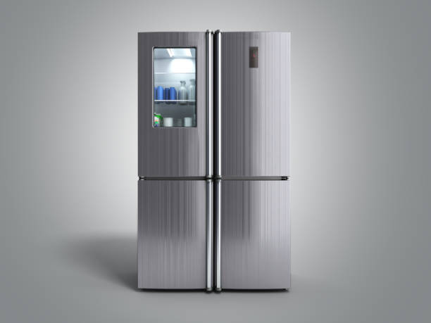 istock Stainless steel modern refrigerator on grey 3d illustration 1132451633