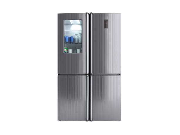 istock Stainless steel modern refrigerator on white no shadow 3d illustration 1132451634