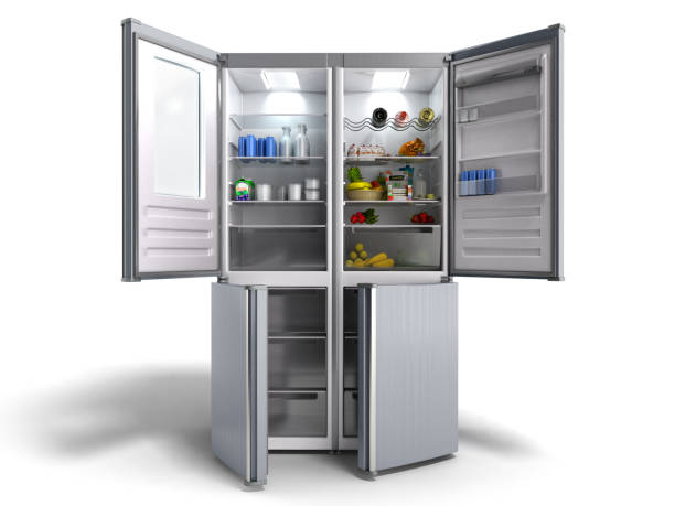istock Open Stainless steel modern refrigerator on white 3d illustration 1132451637