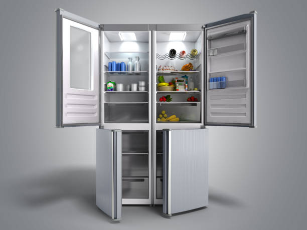 istock Open Stainless steel modern refrigerator on grey 3d illustration 1132451638