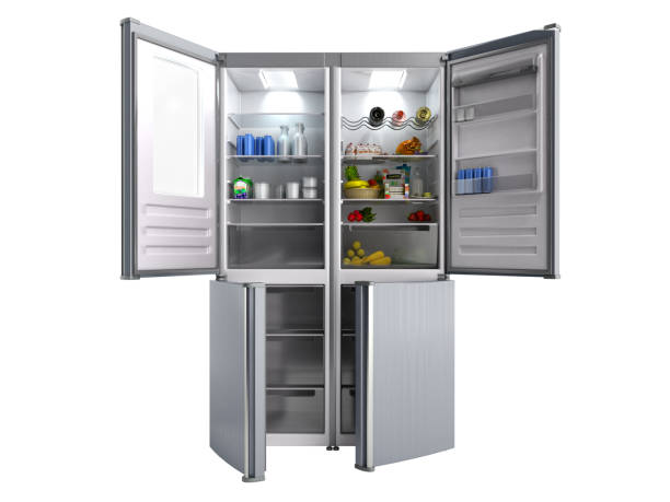 istock Open Stainless steel modern refrigerator on white 3d illustration no shadow 1132451641