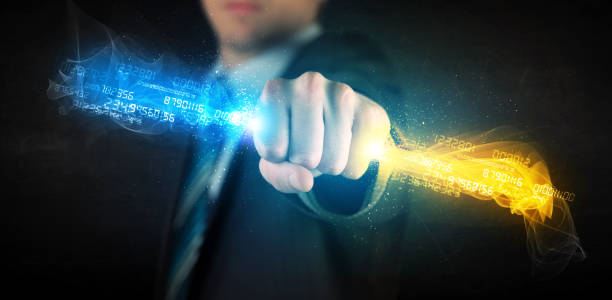 istock Man holding colorful glowing data in his hands 1132451642