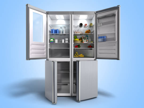 istock Open Stainless steel modern refrigerator on blue 3d illustration 1132452036