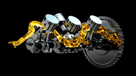 Ilustración 3D del motor. Piezas del motor como cigüeñal, pistones con salpicaduras de aceite de motor photo