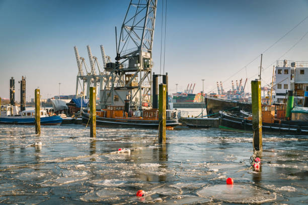 Hamburg harbor scene in winter