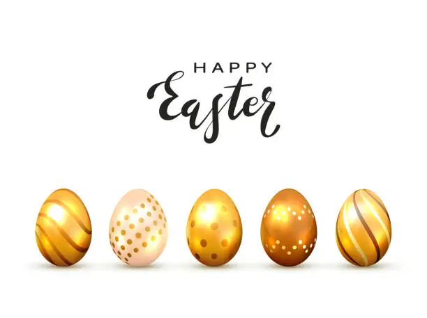 Vector illustration of Golden Easter Eggs and Lettering Happy Easter on White Background