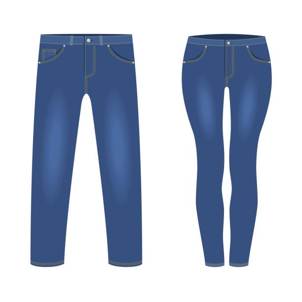 illustrations, cliparts, dessins animés et icônes de pantalon jeans denim bleu foncé homme et femme isolé sur fond blanc. mode tendance denim vêtements occasionnels, jeans tenue vêtements modèles. illustration vectorielle - silhouette isolated pants adult