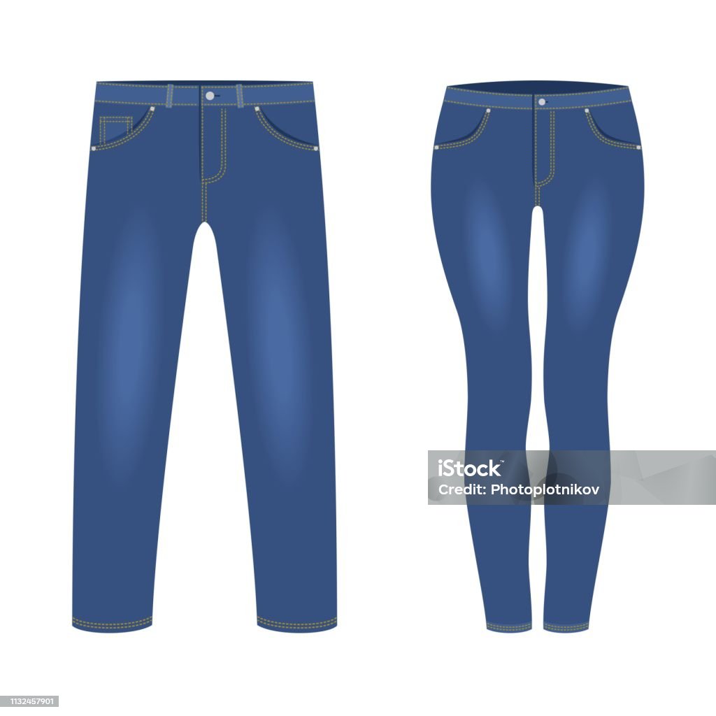 Mens And Womens Dark Blue Denim Jeans Pants Isolated On White