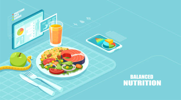 ilustrações de stock, clip art, desenhos animados e ícones de isometric vector of a nutrition app showing nutrition facts and assisting in calories count of a meal - healthy eating healthy lifestyle salad vegetable