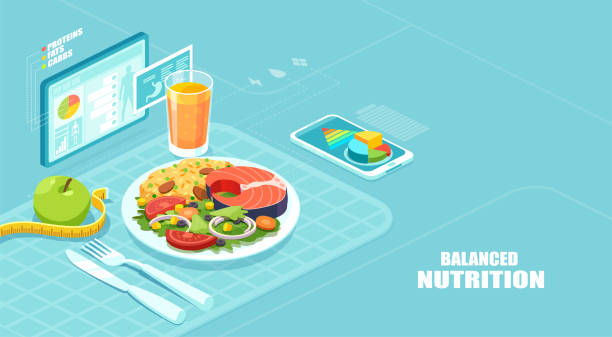 Isometric vector of a nutrition app showing nutrition facts and assisting in calories count of a meal Healthy balanced diet and weight loss program concept. Isometric vector of a nutrition app showing nutrition facts and assisting in calories count of a meal actinopterygii stock illustrations