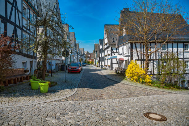 Beautiful view through a street in an old and historic village in Germany