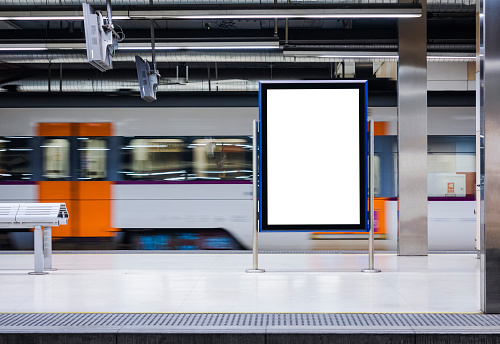 Mock up Board Banner Poster in Subway Train station Blur Train moving background
