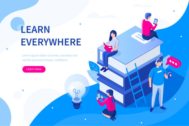 education Online education concept banner with characters. Can use for web banner, infographics, hero images. Flat isometric vector illustration isolated on white background. education student mobile phone university stock illustrations