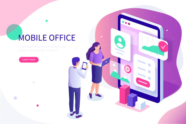 mobile office Mobile office concept. Can use for web banner, infographics, hero images. Flat isometric vector illustration isolated on white background. looking at digital display stock illustrations
