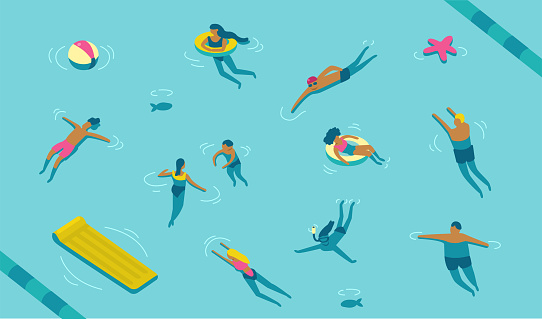 People swimming in pool or sea. Cartoon modern characters set. Flat vector illustration.