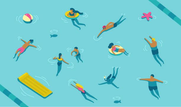 swimming People swimming in pool or sea. Cartoon modern characters set. Flat vector illustration. vintage pool stock illustrations