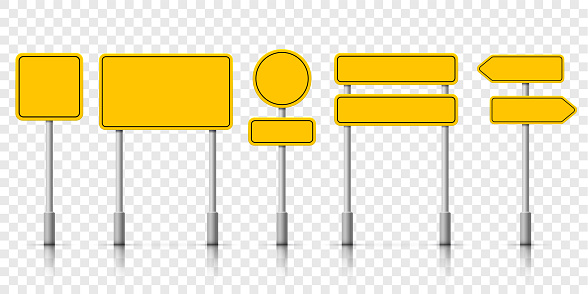 Yellow street road sign boards. Vector roadsign alert notice on transparent background