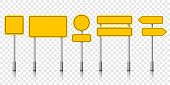 Yellow street road sign boards. Vector roadsign alert notice on transparent background